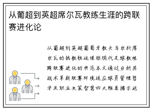 从葡超到英超席尔瓦教练生涯的跨联赛进化论