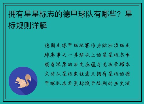 拥有星星标志的德甲球队有哪些？星标规则详解